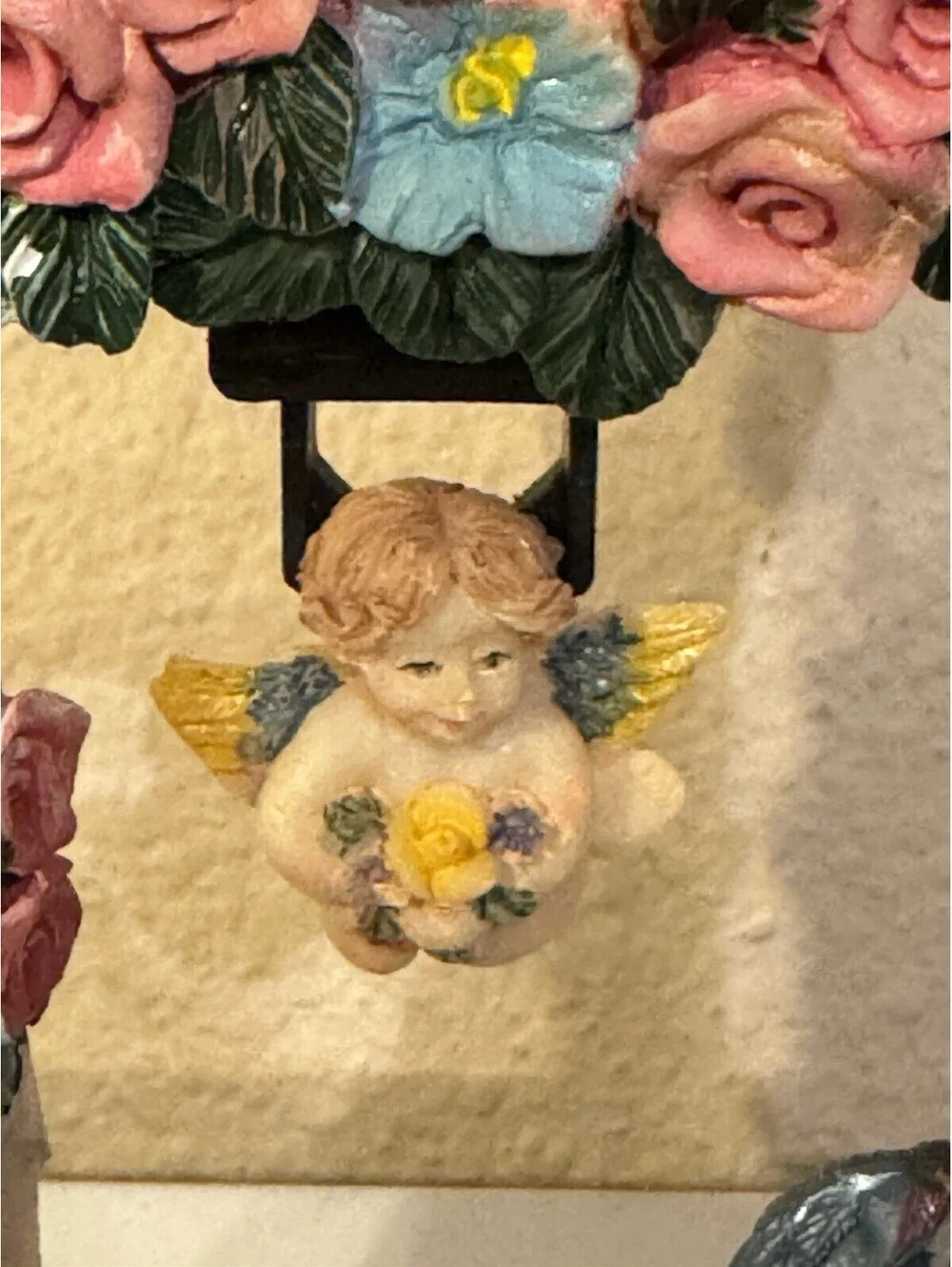 Vintage Cherub Angel Pendulum Clock Roses Floral Resin 9” Mantel AS IS Repair